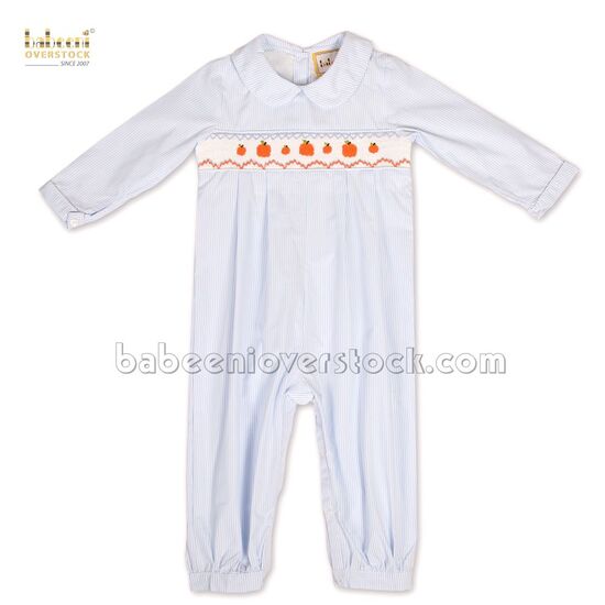 Thanksgiving pumpkin smocked boy bubble baby blue stripe - BB2279